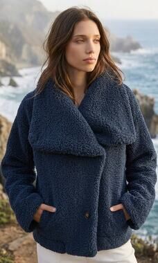 We The Free by Free People Large Izzy Wrap Teddy Jacket Navy Blue Fleece Coat